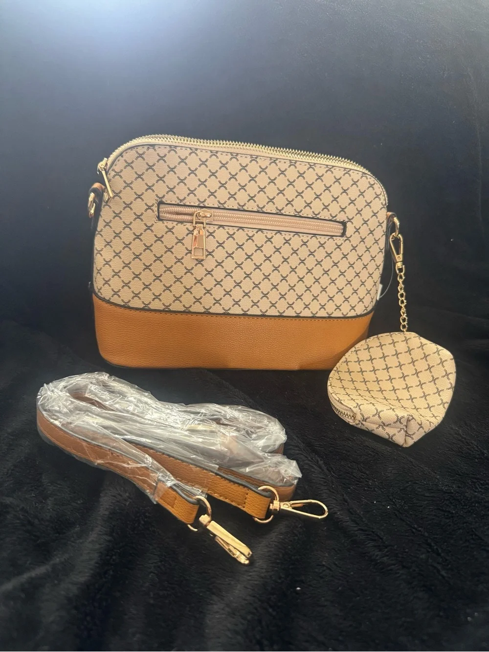 Women's Tan & Cream Crossbody Bag with Patterned Print vegan leather
